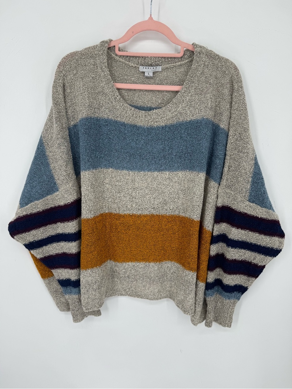 Favlux Colorblock Striped Boucle Sweater Cozy Oversized Knit Boho Size Large